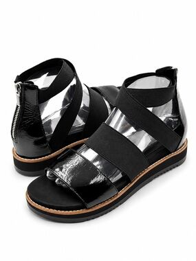 NWOB Eileen Fisher Klay Black Patent Leather Strappy Wedge Sandal 8 Comfort